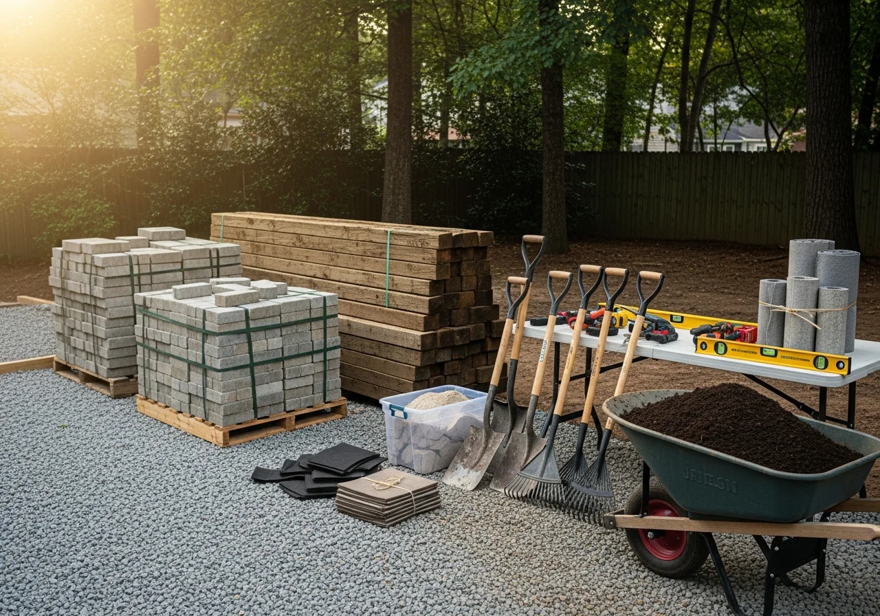 Outdoor construction crew with tools and materials on a residential backyard project site, ready for installation work.