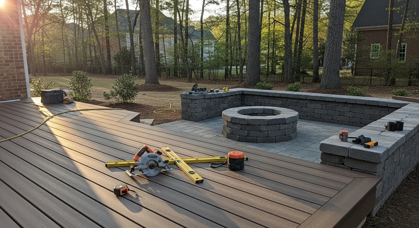 Custom outdoor kitchen and fireplace in a residential backyard setting