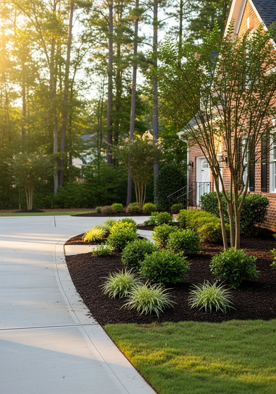 Close-up of a well-maintained Cary home exterior with professional landscaping and clean driveway.