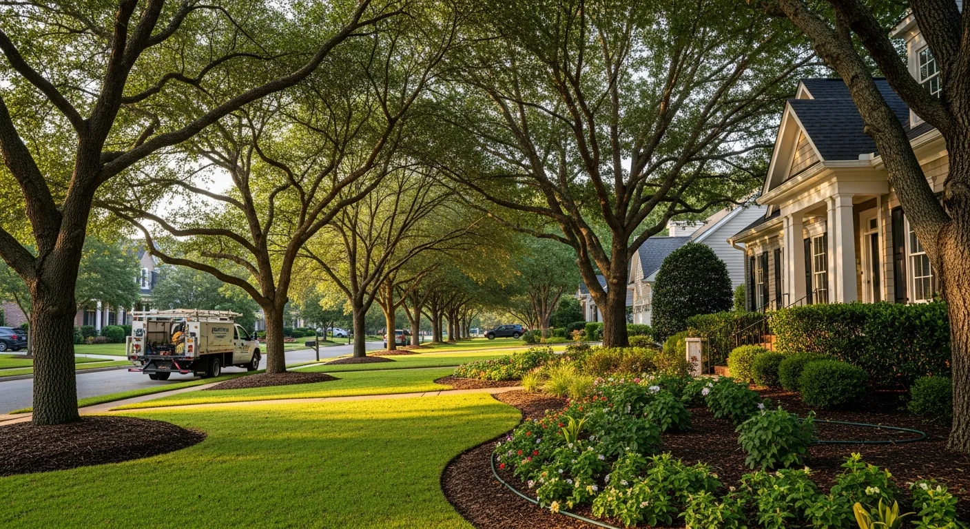 Modern residential street in Cary with tree-lined homes and manicured lawns under clear sky.