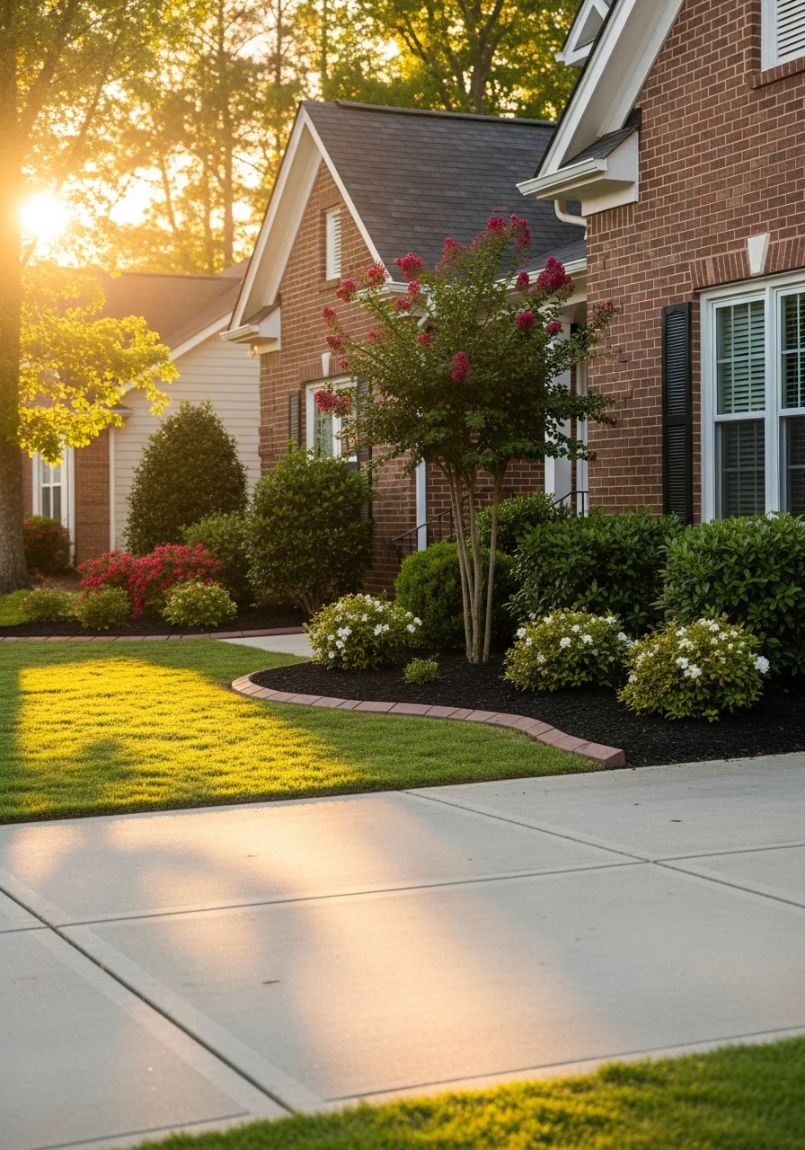 Portrait of a Garner home exterior with professional upkeep, clear landscaping, and defined driveway.