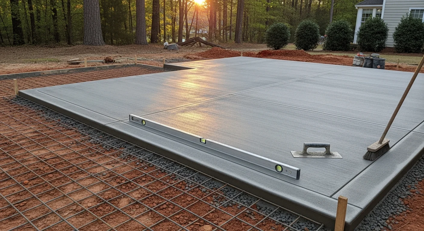 A freshly poured and finished concrete patio installed in a Cary, NC backyard by Paradise Backyards LLC, showing clean edges, a brushed surface texture, and proper grading away from the home's foundation.