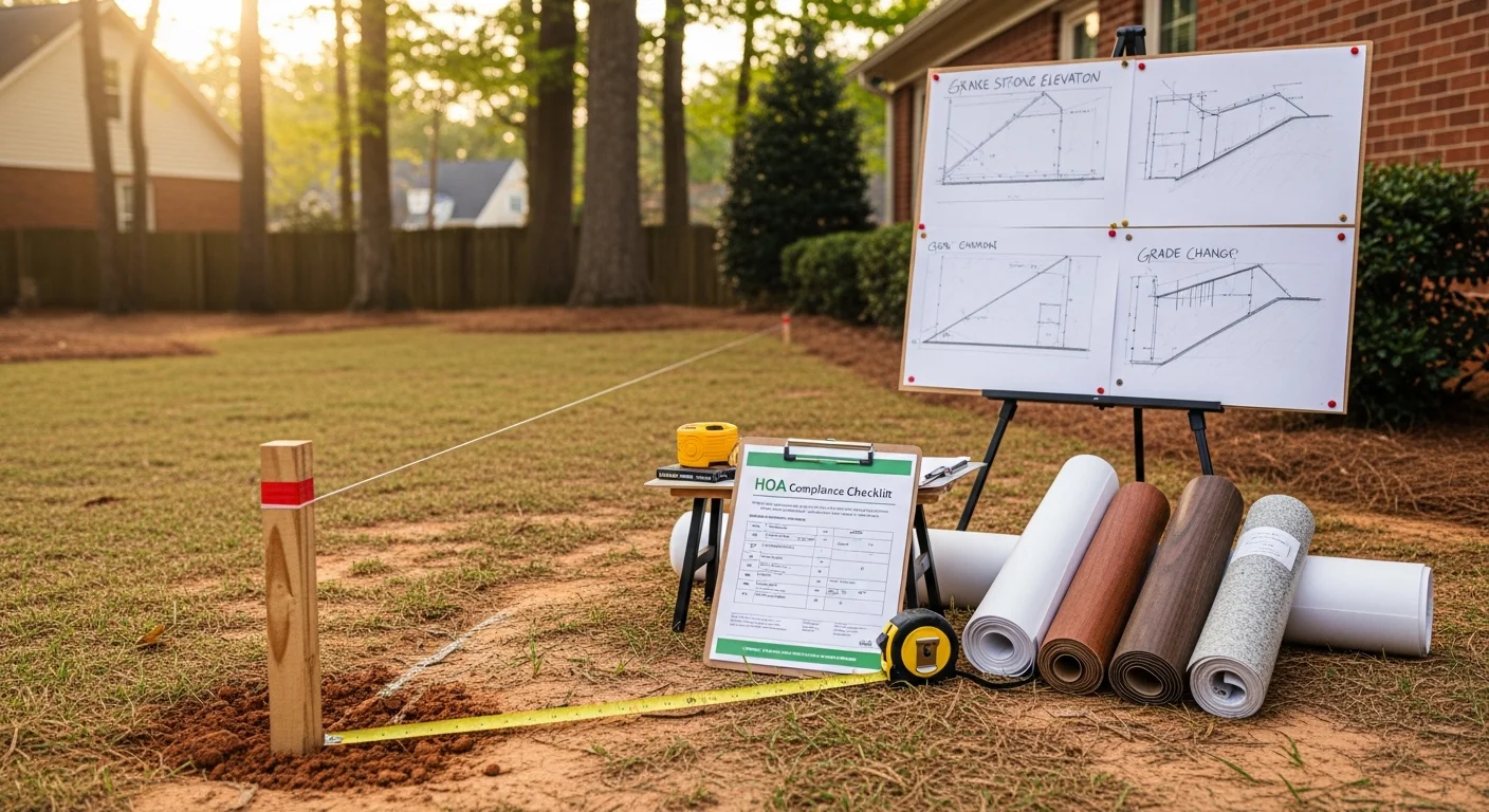 A custom wood privacy fence installed along the backyard perimeter of a Cary, NC residential home, with clean post lines and a finished board-on-board panel design. The fence borders a landscaped yard on a residential lot typical of Cary's suburban neighborhoods.