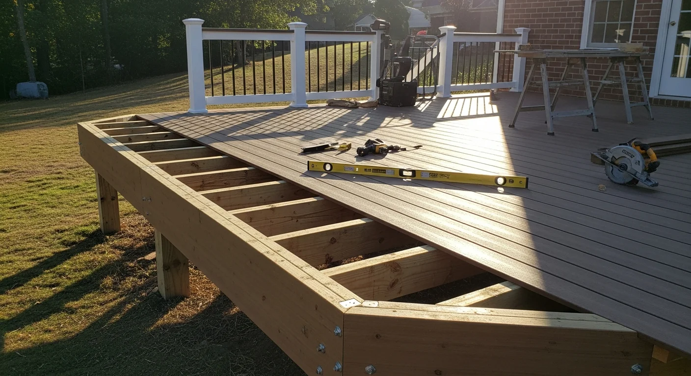 A newly constructed raised wood deck attached to the back of a residential home in Cary, NC, featuring a stair landing and code-compliant railing. The deck overlooks a grassy backyard typical of a Wake County neighborhood.