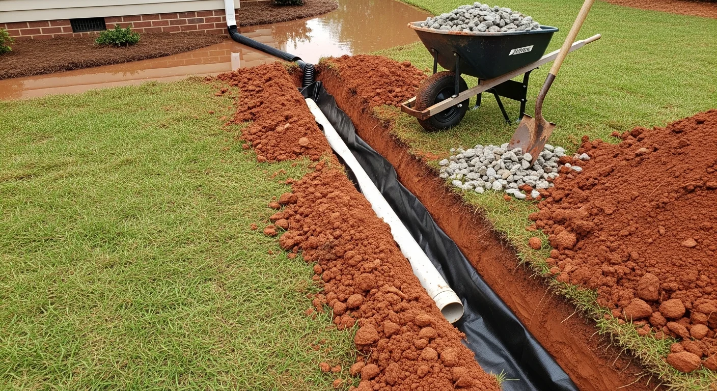 A newly installed dry creek bed drainage channel running through a Cary backyard, lined with rounded river rock and graded to direct stormwater away from the home's foundation. The surrounding lawn and planting beds remain intact with no signs of erosion or standing water.