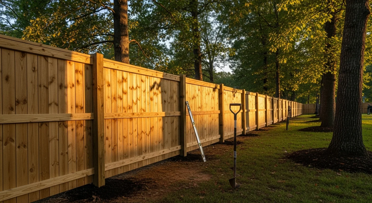 A newly installed wood privacy fence along the backyard perimeter of a single-family home in Cary, NC. The fence runs parallel to a landscaped yard with green grass and a residential neighborhood visible in the background.