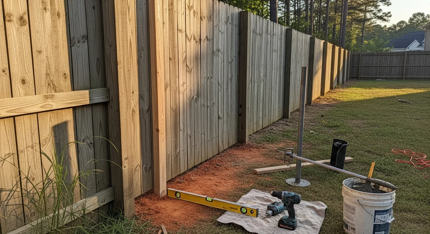 A repaired wooden privacy fence with a straightened post and replaced boards in a residential backyard in Cary, NC. The fence line is level and intact along the property boundary.