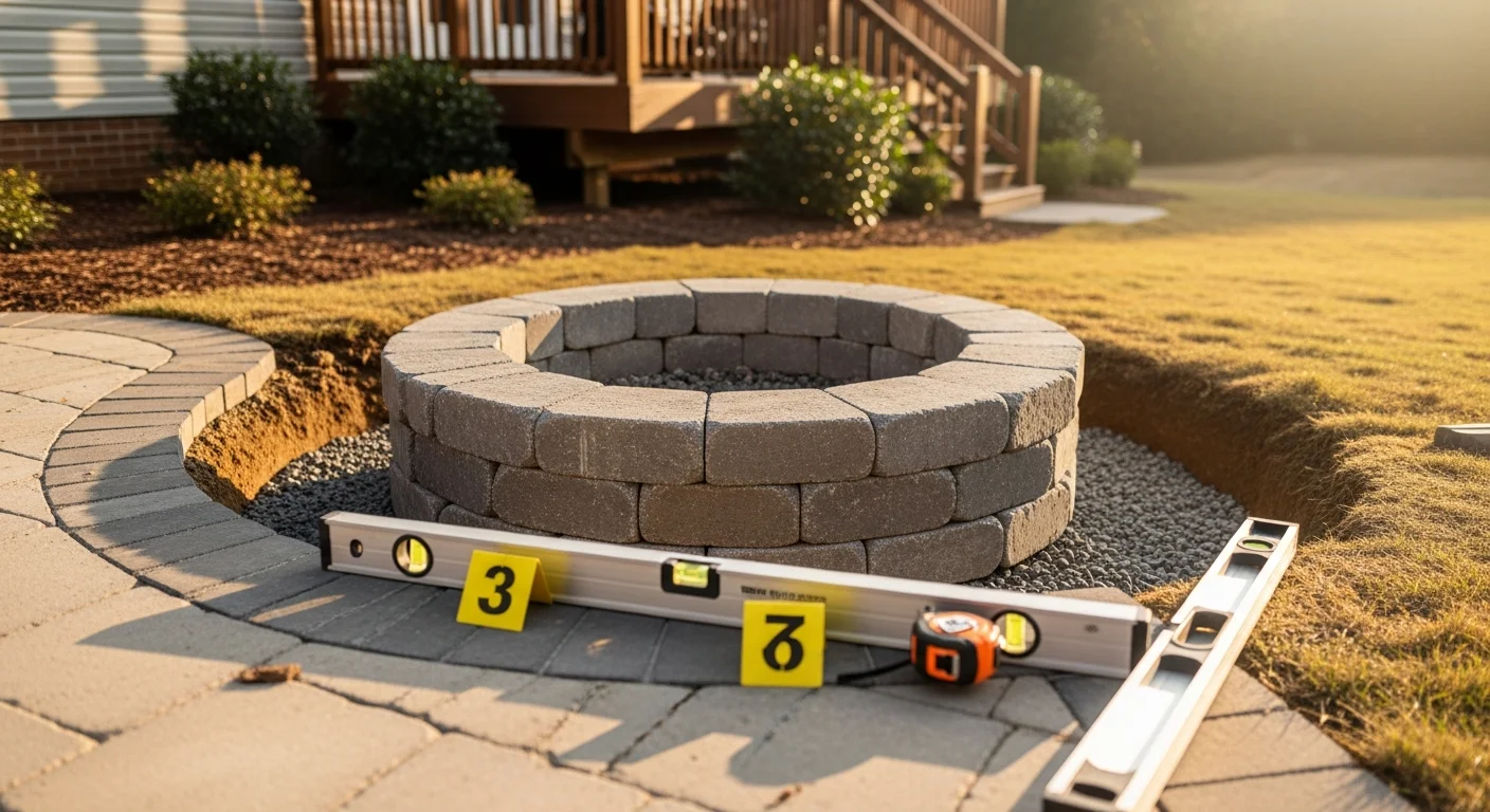 A custom-built outdoor firepit installed in a Cary, NC backyard, surrounded by a stone seating area and integrated with an existing paver patio. The firepit is positioned in an open yard with clear clearance from the home's rear structure.