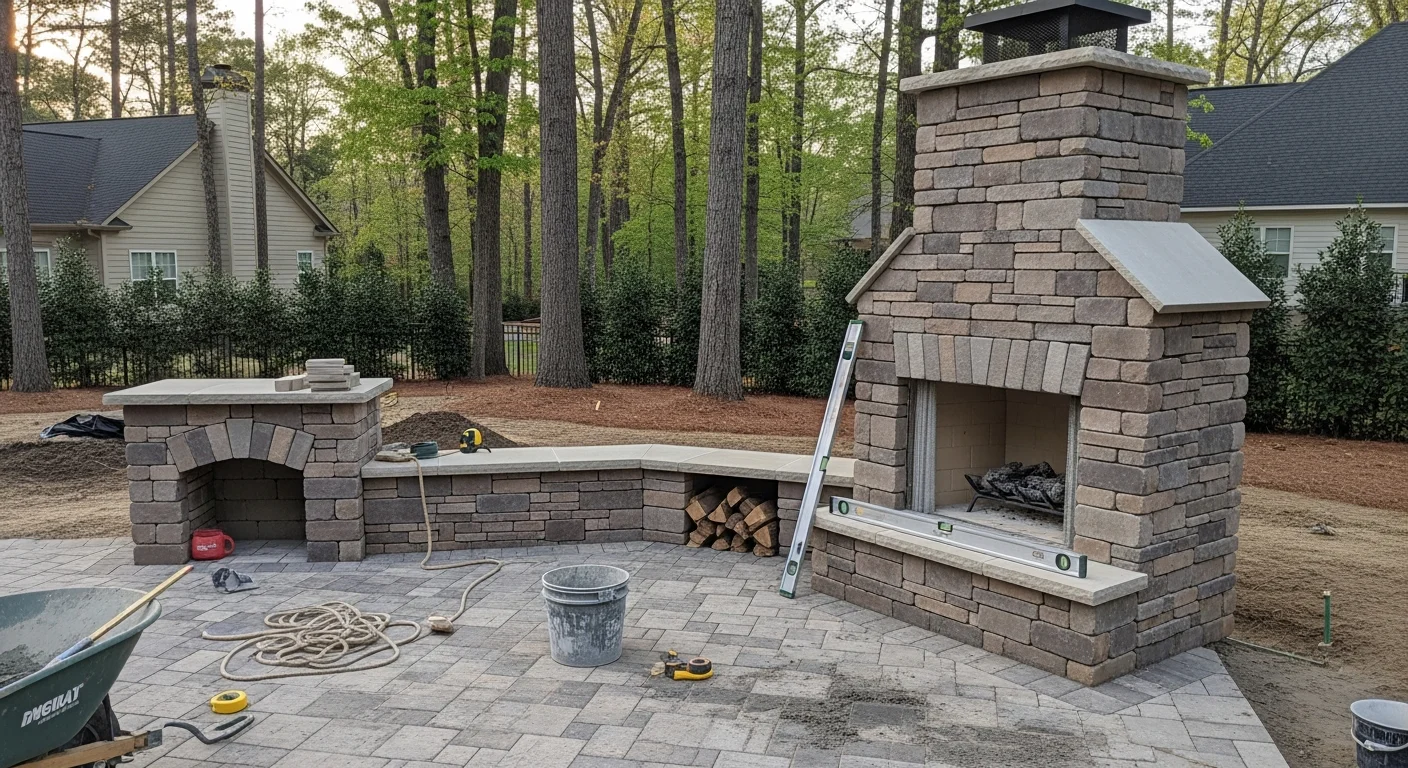 A custom-built outdoor fireplace installed on a paver patio in a Cary, NC backyard, with stone masonry surround and an open firebox. The structure is positioned as a focal point within a landscaped outdoor living space.
