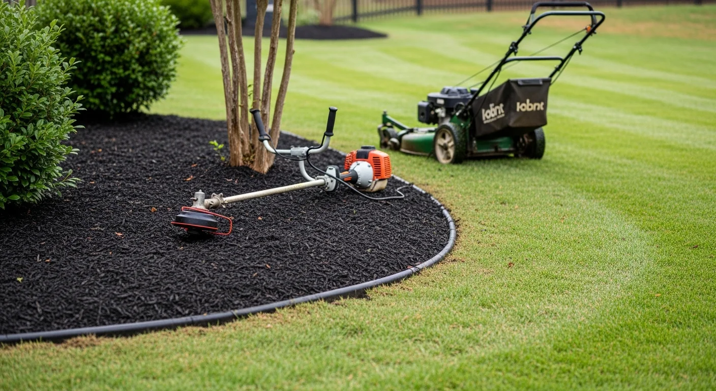 A neatly mowed and edged residential lawn in Cary, NC with clean mulch beds and trimmed shrubs along the front of a single-family home. The turf shows defined mowing lines and weed-free garden borders typical of a well-maintained Cary property.