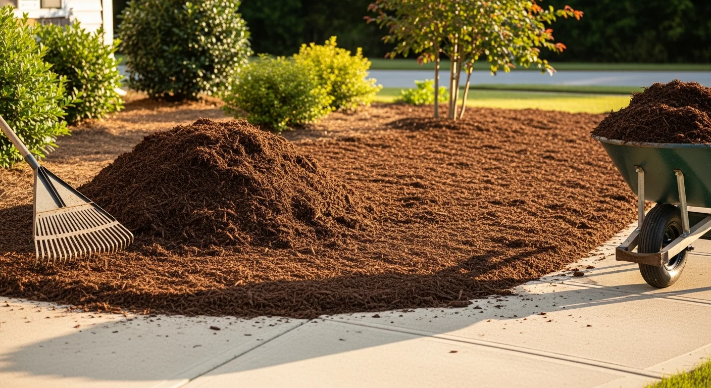 Freshly installed dark mulch covering a residential garden bed in Cary, NC, with clean edges along a lawn border and established shrubs surrounded by an even two-to-three-inch layer. A well-maintained backyard landscape in a Cary neighborhood shows defined planting beds after professional mulch installation by Paradise Backyards LLC.