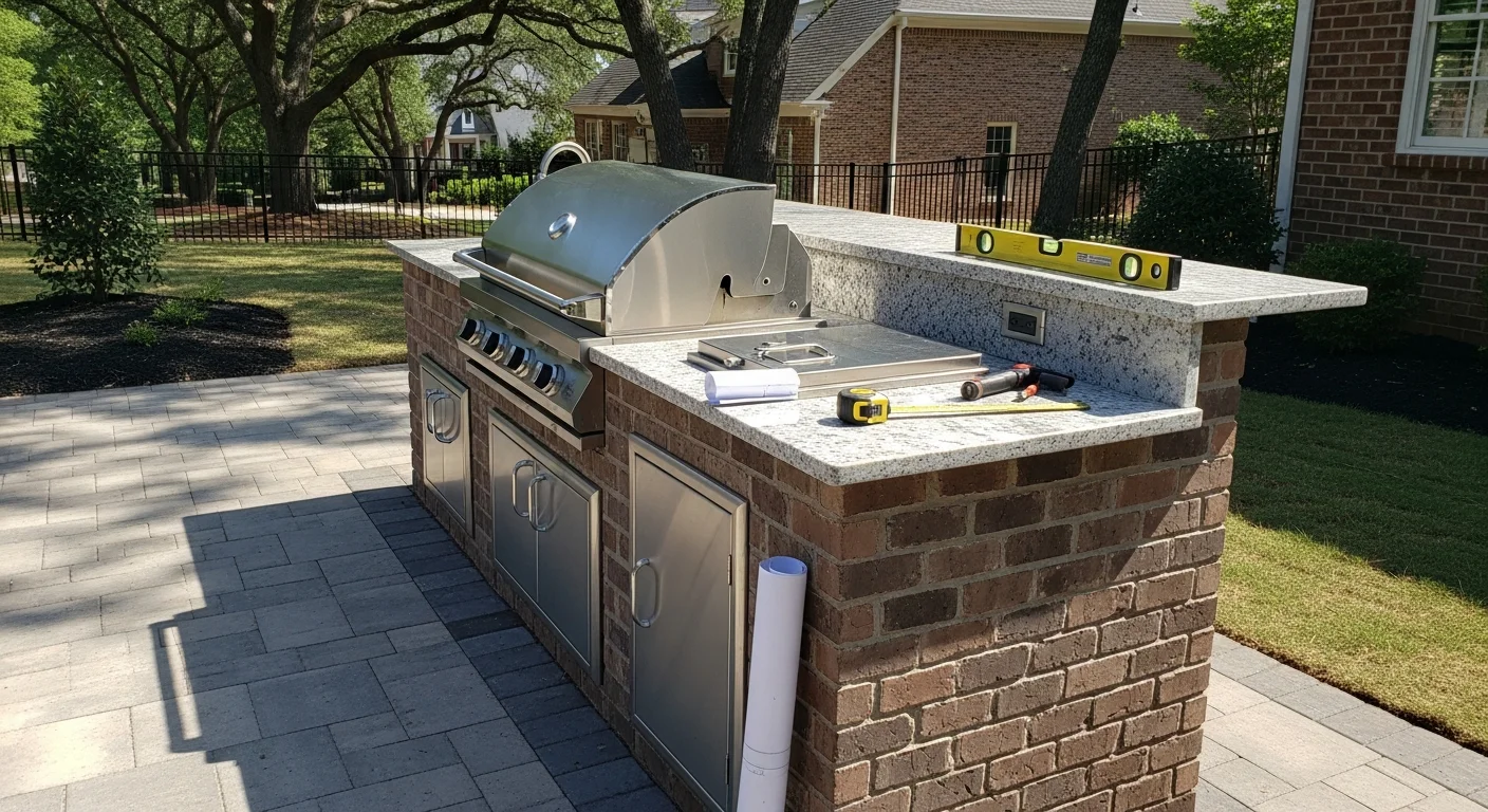 A completed custom outdoor kitchen installed in a Cary, NC backyard, featuring a built-in grill, stone countertops, and a prep area on a paved patio. The structure is integrated into the surrounding outdoor living space with a view of a residential backyard typical of the Cary area.