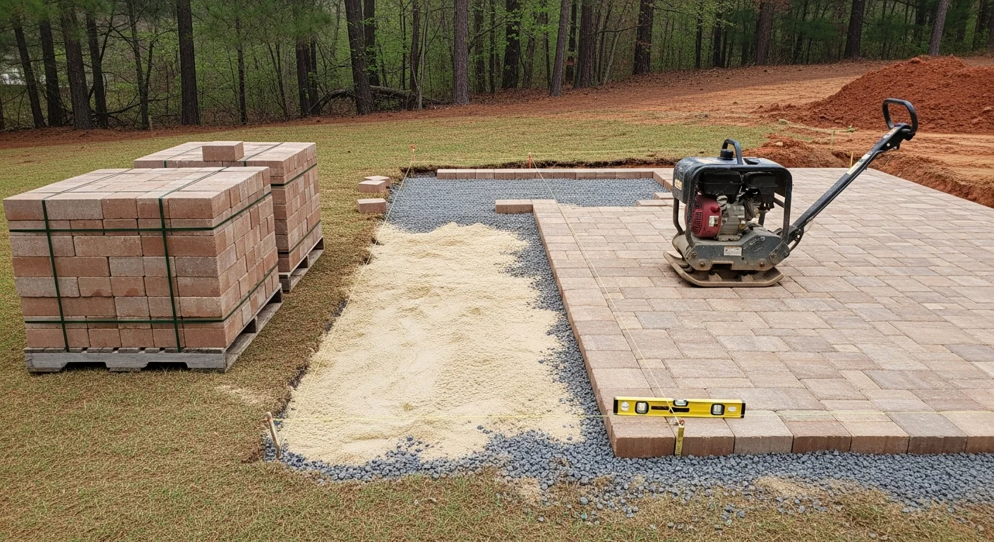 A finished backyard patio installed by Paradise Backyards LLC on a Cary, NC residential property, showing a level hardscaped surface with clean edges set against a home's rear exterior. The patio surface is set flush with the surrounding yard on a graded lot, with no visible pooling or uneven settling.