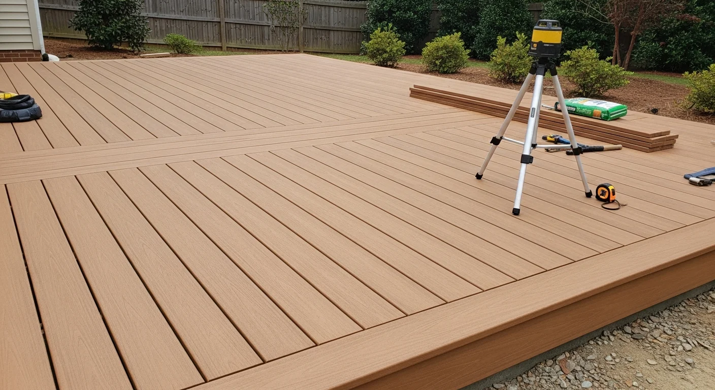 A newly constructed pool deck surrounding an in-ground pool in a Cary, NC backyard, featuring a smooth, slip-resistant surface and clean edge transitions to the surrounding lawn. The deck extends to provide seating space on multiple sides of the pool, with a wood-framed privacy fence visible in the background.