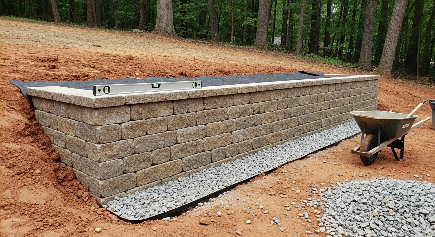A newly constructed hardscape retaining wall on a sloped residential backyard in Cary, NC, with level ground created behind the wall and clean stone coursework visible. The wall runs along the property grade and shows integrated drainage at the base.