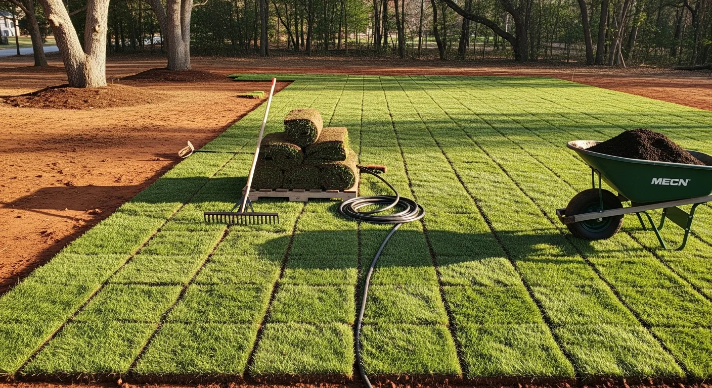Freshly installed sod covering a residential backyard in Cary, NC, with clean edge cuts along a garden bed border and uniform green coverage across the full lawn area. A landscape contractor from Paradise Backyards LLC smooths a seam between sod rows during the installation process.