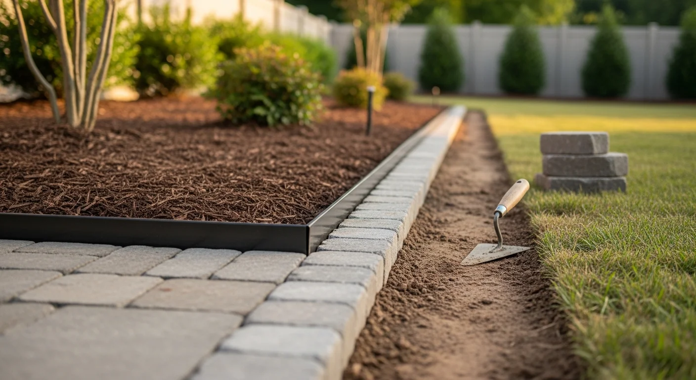 Freshly installed stone edging along a curved garden bed border in a Cary residential backyard, with mulch neatly contained inside the border and a paver patio visible in the background. Metal edging follows a clean straight line along a lawn-to-driveway transition on a Cary property.
