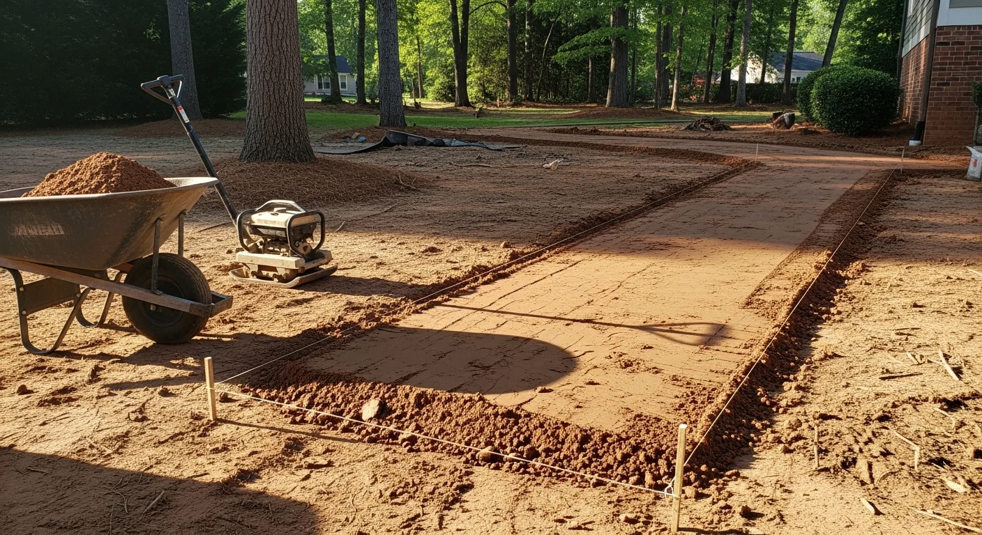 A freshly installed stone walkway leading from the driveway to the front door of a Cary, NC home, with clean edges and level surface across a residential yard. The path follows a slight curve through a well-maintained lawn on a typical Cary suburban lot.